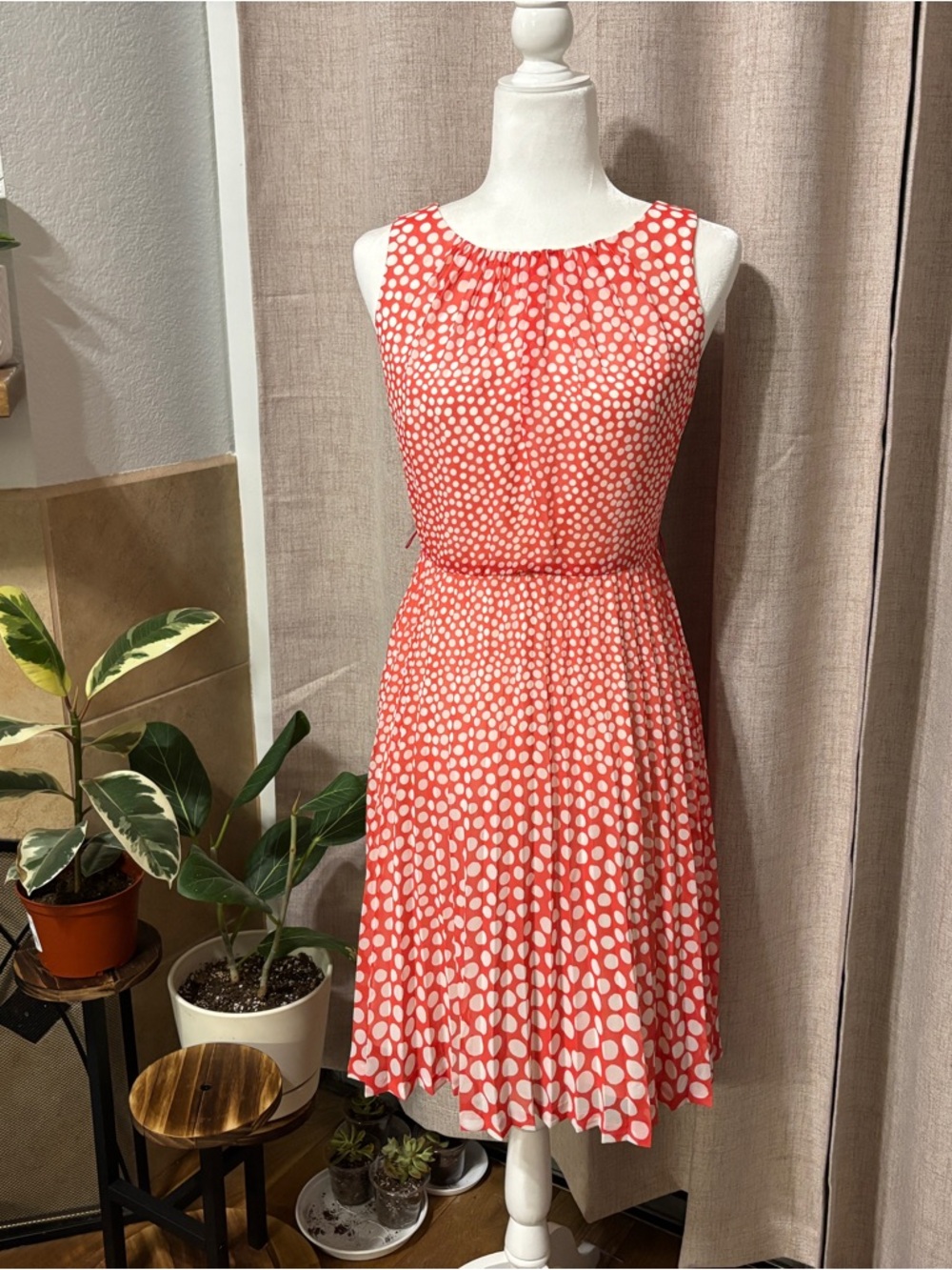 Trina Turk Coral/Red and White Polka Dot Sleeveless Midi Dress